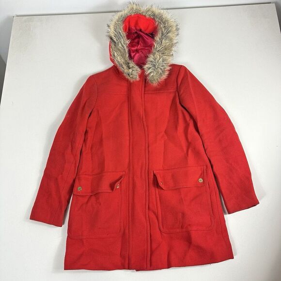 J. Crew Coat Womens 4 Chateau Parka Wool Blend Faux Fur Lux Classic‎ Hooded Red - Picture 1 of 6